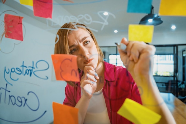 Close-up van een jonge mooie blanke zakenleider die een marketingidee presenteert terwijl ze een marketingidee op een glazen bord schrijft met een mindmap en kleurrijke kleverige notities Portret Brainstorm Immaculate