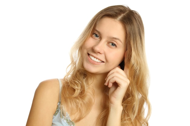 Close-up van een jonge mooie vrouw geïsoleerd op witte background