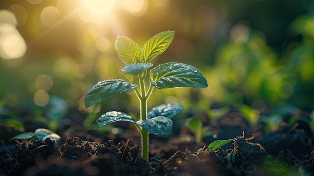 Close-up van een jonge plant die in het ochtendlicht wordt gewassen