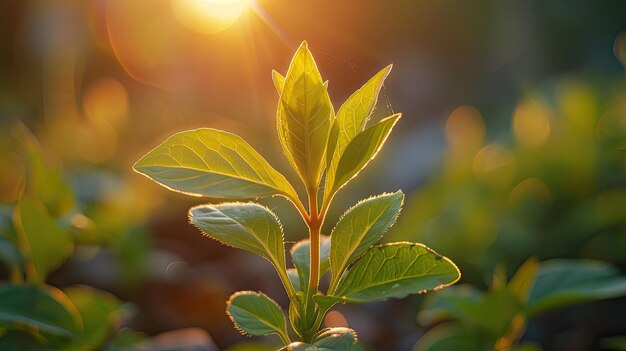 Foto close-up van een jonge plant die in het ochtendlicht wordt gewassen
