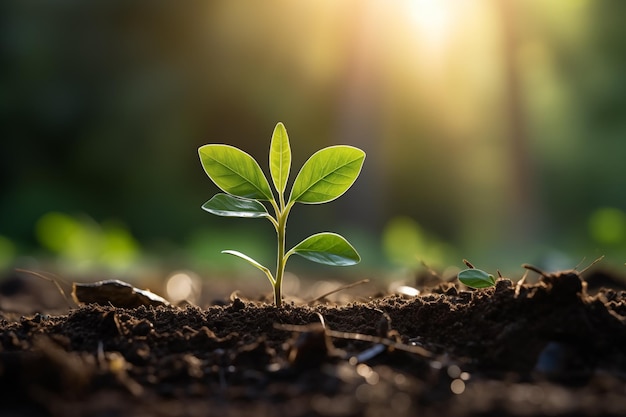 Close-up van een jonge plant die in zonlicht wordt gebaderd en op de grond ontkiemt