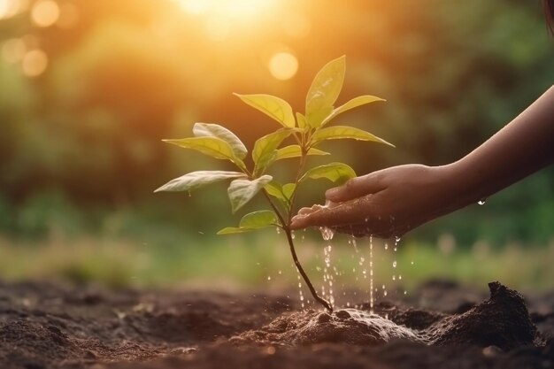 Close-up van een jonge plant die zich koestert in de ochtendzon Generatieve Ai