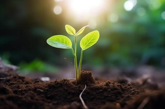 Close-up van een jonge plant die zich koestert in de ochtendzon Generatieve Ai