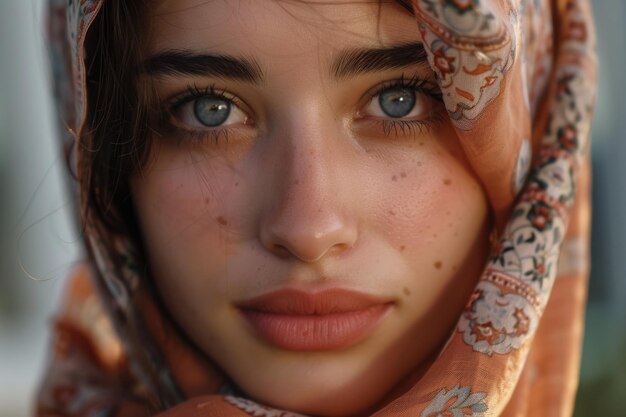 Close-up van een jonge schoonheid en natuurlijke Arabische vrouw die poseert