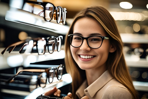 Close-up van een jonge vrouw die glimlacht terwijl ze een bril kiest bij een opticien in een winkelcentrum. Gelukkige mooie vrouw die een bril koopt.