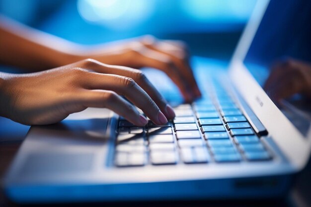 Close-up van een jonge vrouw die met de hand schrijft op een computer.