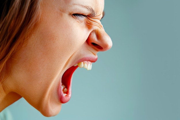 Close-up van een jonge vrouw die schreeuwt van frustratie of woede op een gewone achtergrond
