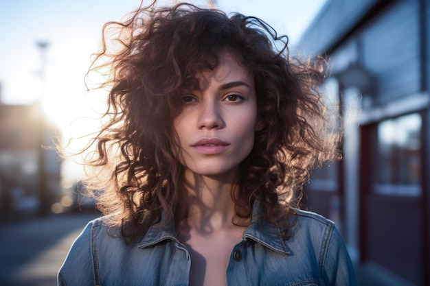 Close-up van een jonge vrouw in een stad