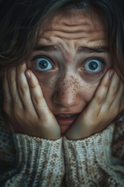 Close-up van een jonge vrouw met een geschokte of angstige uitdrukking handen op het gezicht