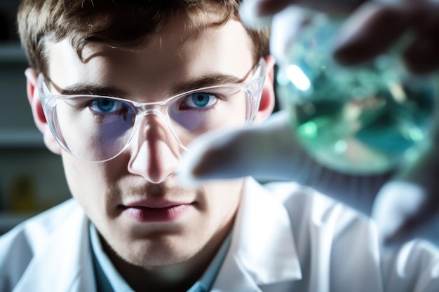 Close-up van een jonge wetenschapper die stukjes glas omhoog houdt voor inspectie in zijn laboratorium