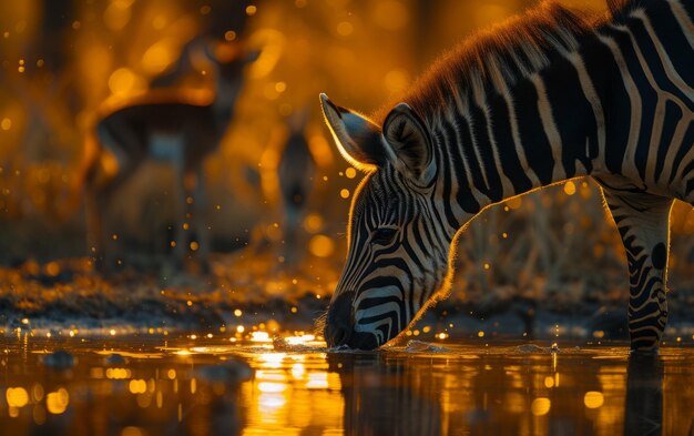 Foto close-up van een jonge zebra die zijn dorst in een rustige vijver stillet