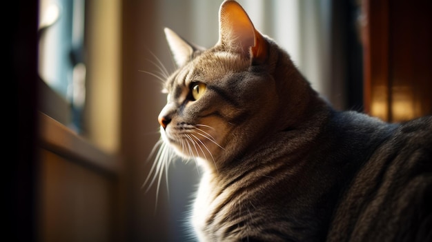 Close-up van een kat die in de verte kijkt met een wazige achtergrond Generatieve AI