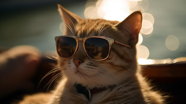 Foto close-up van een kat met een zonnebril op het strand bij zonsondergang generatieve ai illustratie