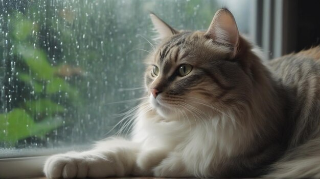 Close-up van een kat voor een regenachtig raam en regendruppels