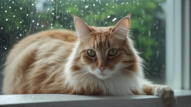 Close-up van een kat voor een regenachtig raam en regendruppels
