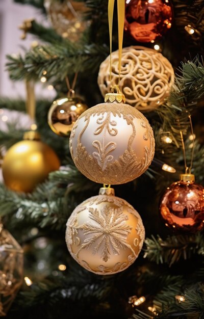 Close-up van een kerstboom met feestelijke versieringen op een wazige achtergrond feestelijke stemming