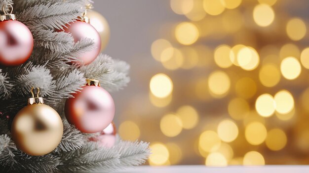 Close-up van een kerstboom met gouden en roze ballen in een kamer met witte muren