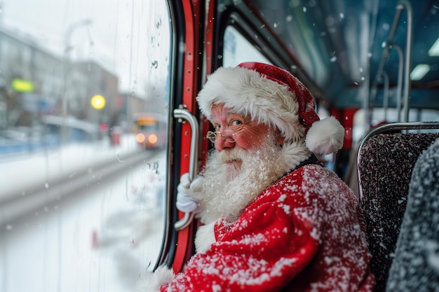 Close-up van een kerstman die op de bus wacht