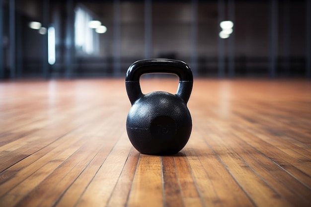 Close-up van een kettlebell op een houten vloer