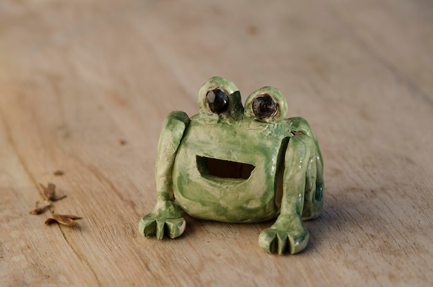 Foto close-up van een kikker op tafel