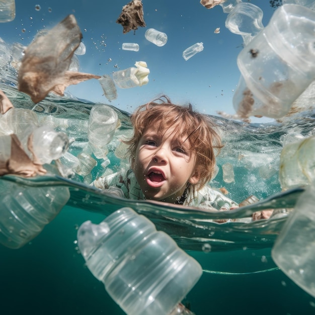Foto close-up van een kind dat in de oceaan zwemt met uitzicht op de zee het water is gevuld met stukjes plastic