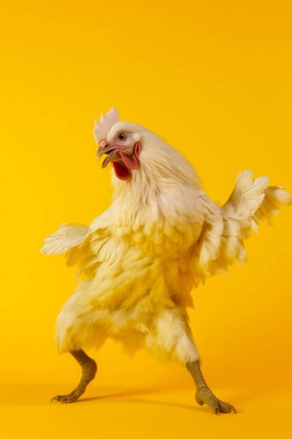 Close-up van een kip op een gele achtergrond met zijn vleugels uitgestrekt Generatieve AI