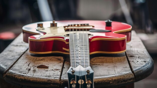 Close-up van een klassieke elektrische gitaar op een houten tafel