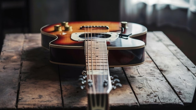 Close-up van een klassieke elektrische gitaar op een houten tafel