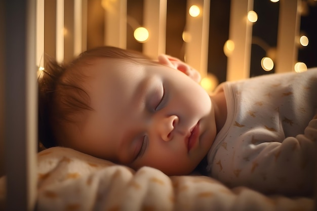 Close-up van een klein baby gezicht rustig slapen in de wieg's nachts met bokeh licht achtergrond
