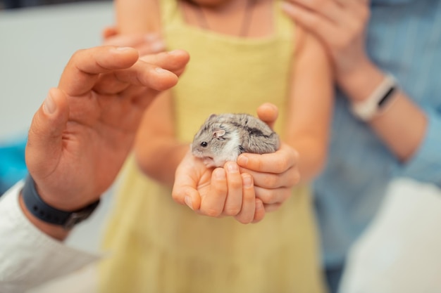 Foto close-up van een klein meisje in een gele jurk met hamster