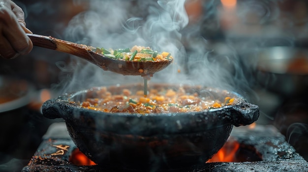 Close-up van een kleipot die op een kachel kookt