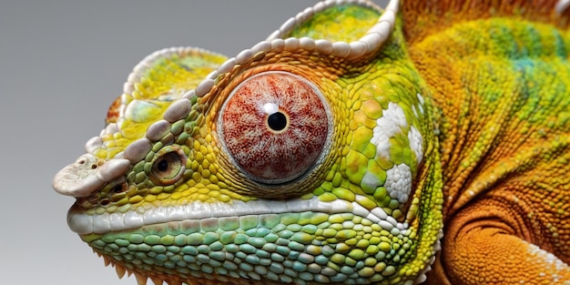 Close-up van een kleurrijke kameleon op een grijze achtergrond