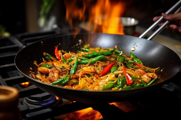 Foto close-up van een kleurrijke stir fry die in een wok wordt gekookt