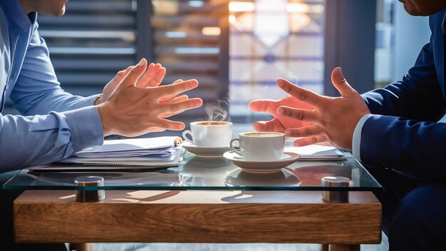 Close-up van een koffietafel met twee collega's