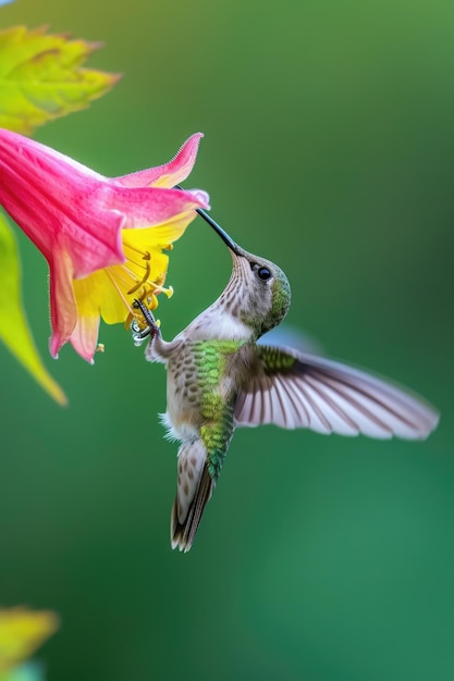 Close-up van een kolibrie met een slanke snavel die zich voedt met een levendige bloem