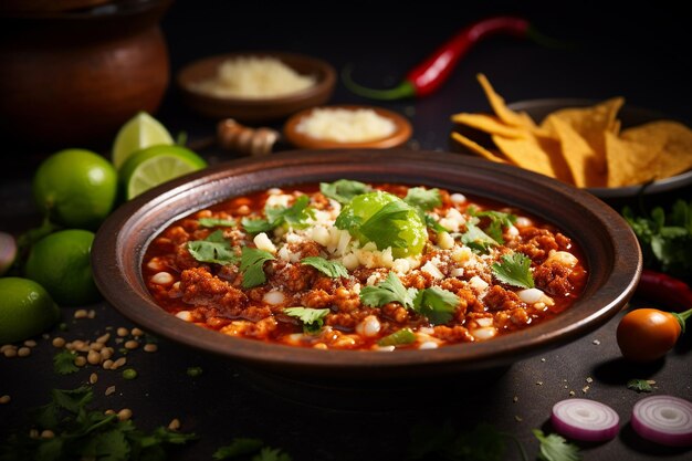 Close-up van een kom authentieke Mexicaanse menudo soep met hominy