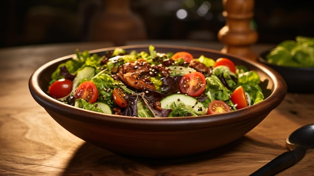 Close-up van een kom lekkere salade op een houten tafel