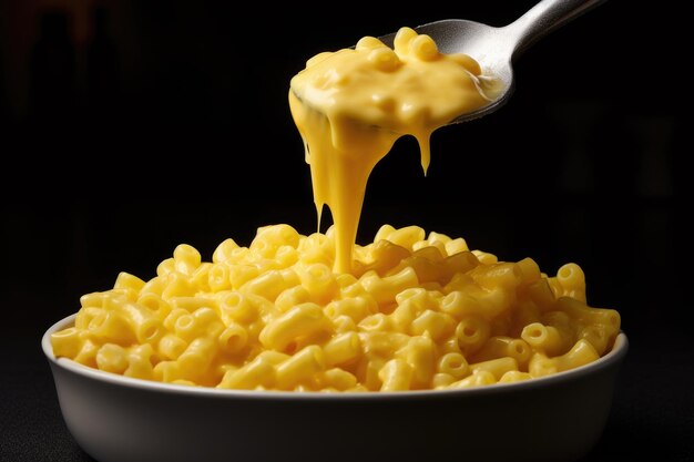 Foto close-up van een kom met kaasige zelfgemaakte macaroni en kaas op zwarte achtergrond