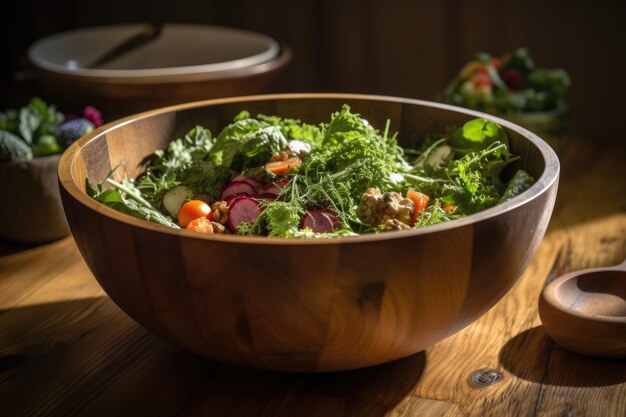 Close-up van een kom salade op een houten tafel gemaakt met generatieve ai