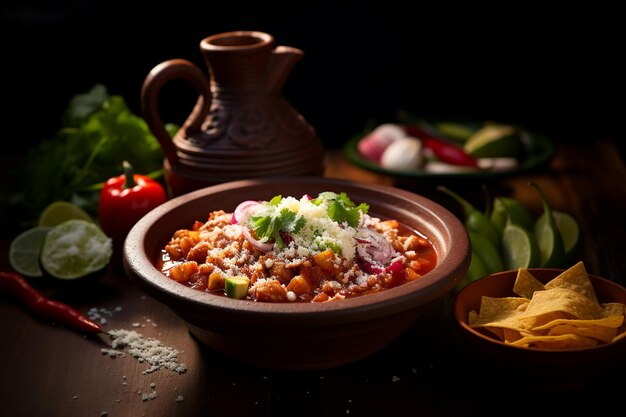 Close-up van een kom traditionele Mexicaanse menudo rojo met hominy