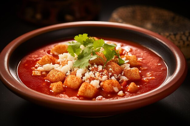 Close-up van een kom traditionele Mexicaanse menudo rojo met hominy