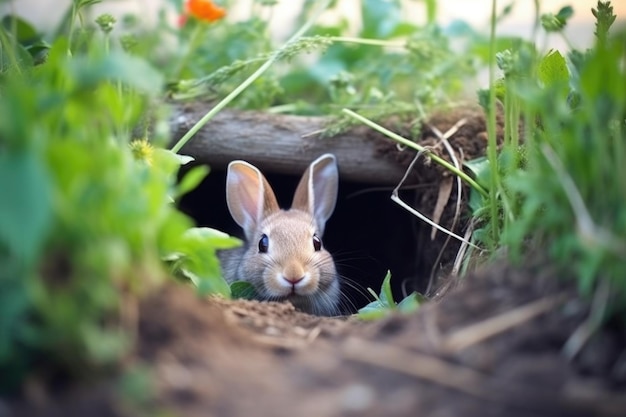 Close-up van een konijn die een gat graaft in de tuin