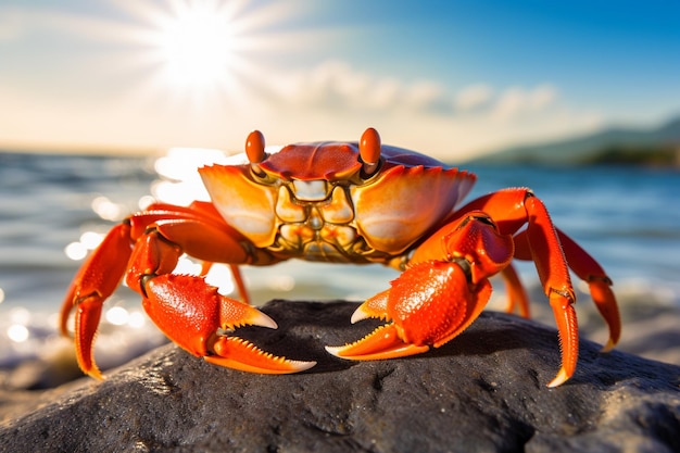 Close-up van een krab op een rots op het strand