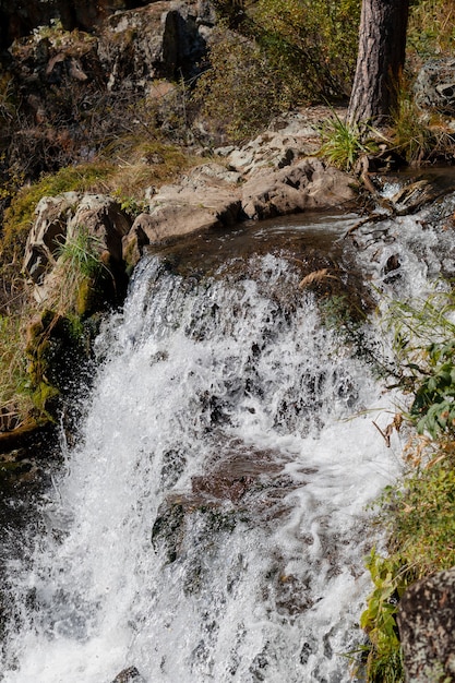 Close-up van een krachtige waterval in hoge kwaliteit. Zijaanzicht van een zonovergoten waterval in het wild. Een grote stroom water stroomt van de berg naar beneden.