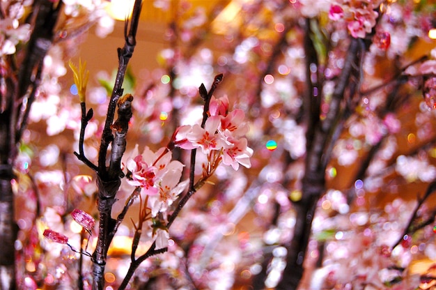 Close-up van een kunstmatige roze boom in de tuin
