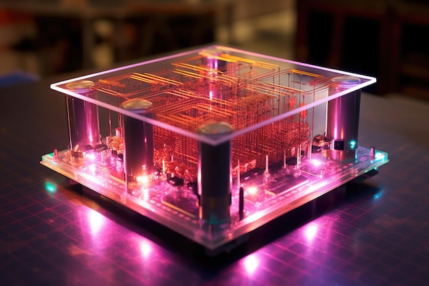 Close-up van een kwantumprocessor met gloeiende circuits