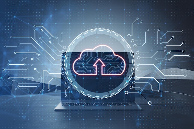 Close-up van een laptop met digitaal rondcircuit cloud computing hologram op wazige achtergrond Server en web concept Dubbele blootstelling