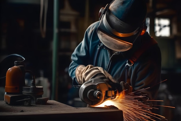 Close-up van een lasser die werkt met een elektrische slijpmachine