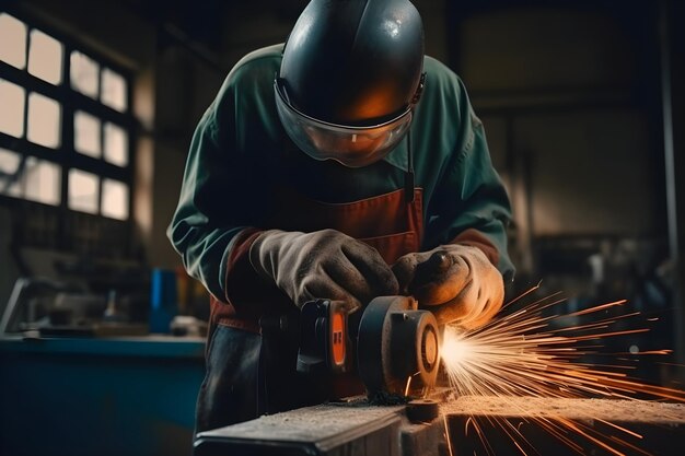 Close-up van een lasser die werkt met een elektrische slijpmachine