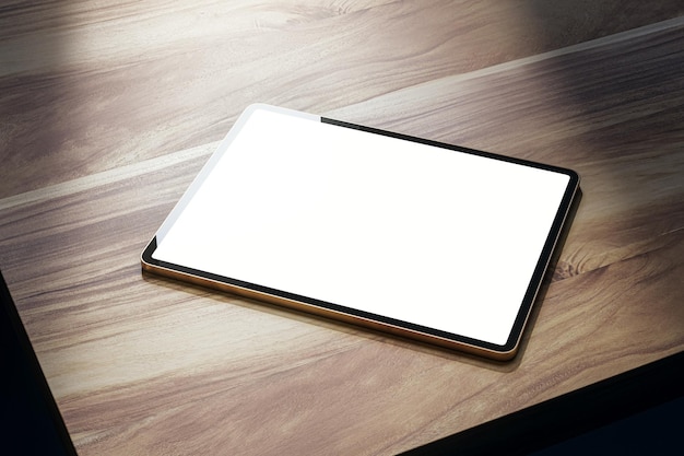 Close-up van een lege witte tablet op een houten tafel Mock up 3D Rendering